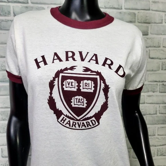 Vintage 80s Champion Size M Harvard University Single Stitch Ringer Short Sleeve - Picture 2 of 8
